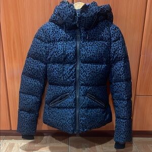 Mackage Blue and Black Leopard Print Puffer Jacket